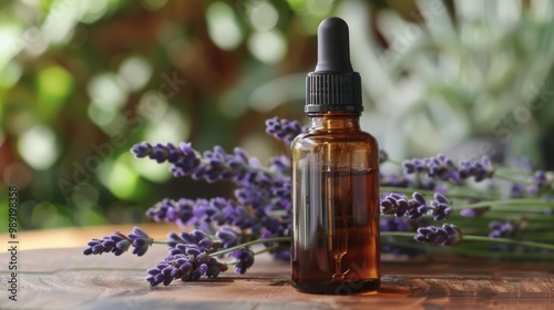 Lavender essence bottle with lavender flowers, rustic wooden background.