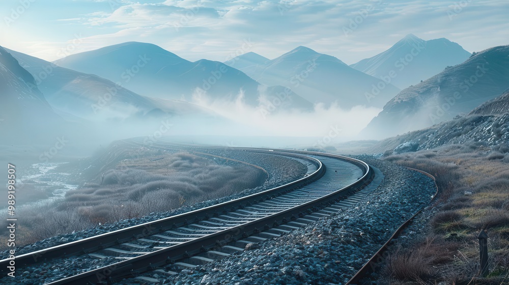Fototapeta premium Endless train tracks winding through a surreal landscape of mountains and mist, infinity, journey into the unknown