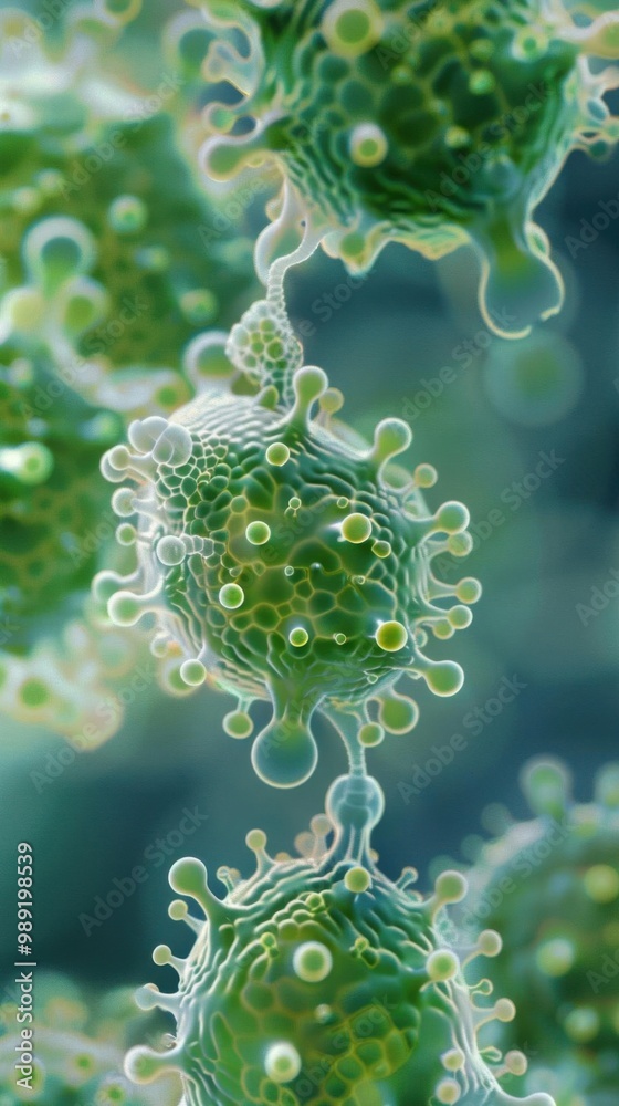 Microscopic view of green organic cells, delicate texture on a soft background. Microscopic view of green organic cells, delicate texture on a soft background.