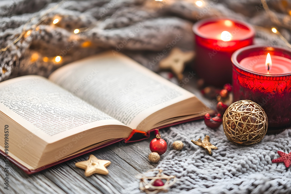 Fototapeta premium Open book on a cozy blanket with Christmas decorations and candles, creating a warm and festive atmosphere for reading and relaxation during the holiday season