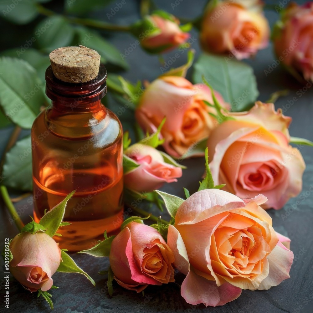 Rose petals with essential oil bottle, delicate ambiance and soft colors. Rose petals with essential oil bottle, delicate ambiance and soft colors.