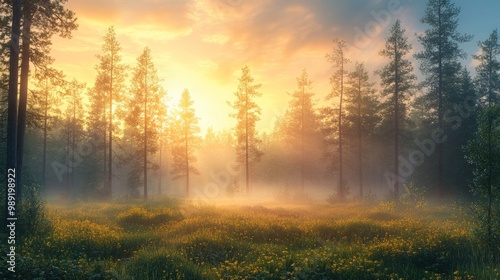 Misty forest with sunrise and yellow wildflowers.