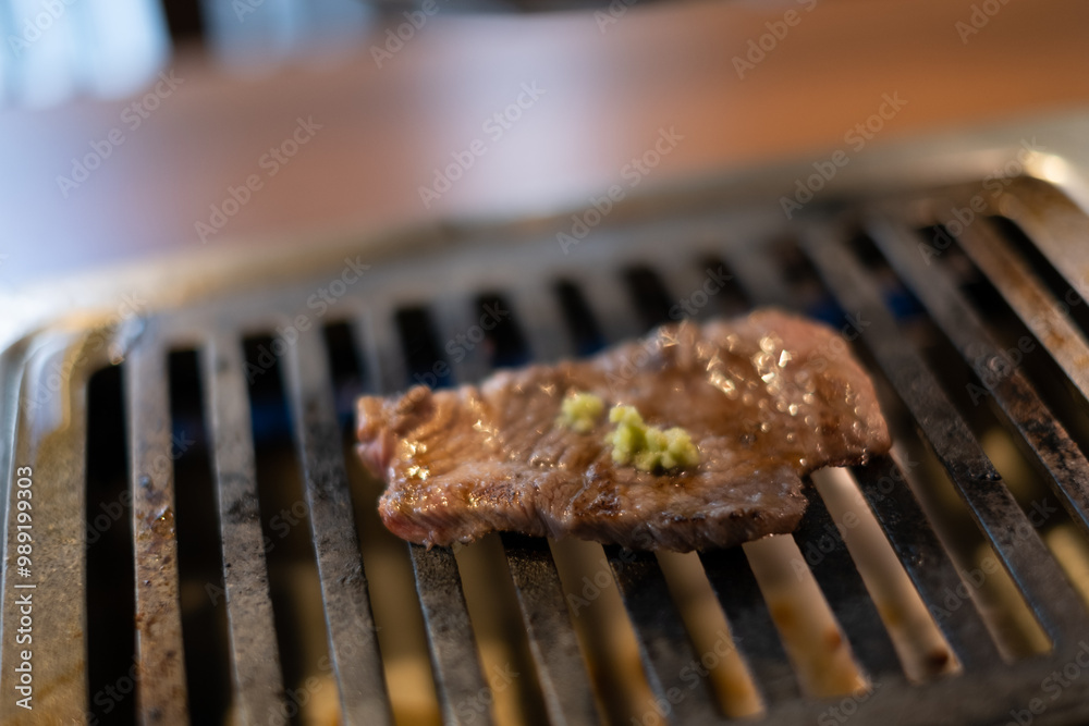 Japanese Wagyu Beef on BBQ charcoal grill stove