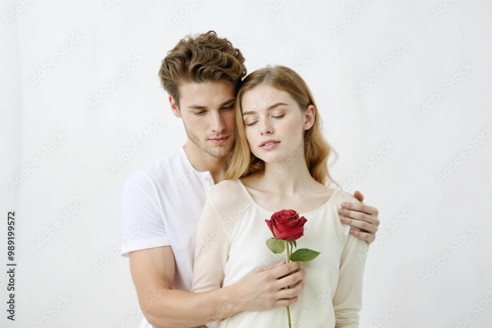 Young couple in love, embracing each other with a red rose on a white background Young couple in love, embracing each other with a red rose on a white background