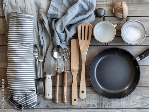 Boho Kitchen Utensils & Tools on Wooden Table photo