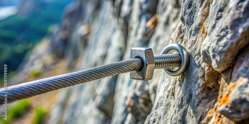 Shiny steel bolt anchoring via ferrata cable in rock Shiny steel bolt anchoring via ferrata cable in rock