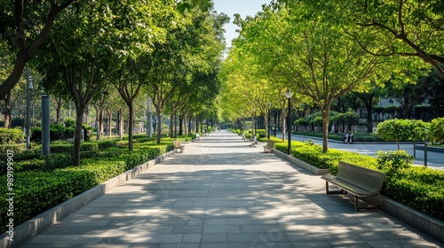 clean public outdoor space with neat walkways and trimmed trees, promoting cleanliness in urban environments