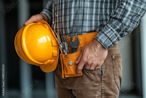 A man holding a yellow helmet in one hand with a tool belt on his, showing tools inside the pocket at a construction site. Generative AI