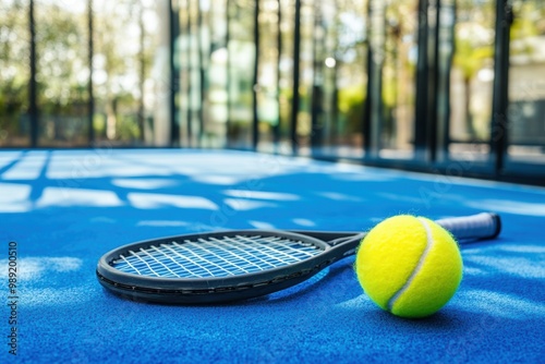 Bright day at the paddle tennis court with racket ball