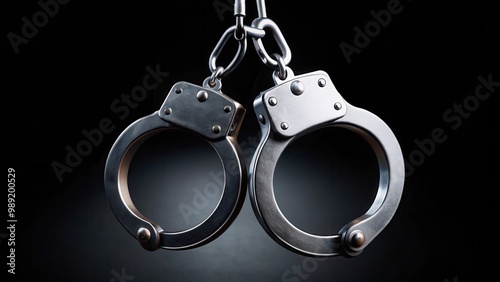 Real zinc plated steel police handcuffs hanging vertically isolated on black background photo