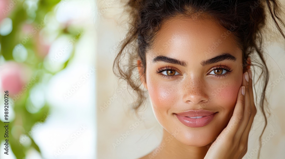 A woman with brown hair and brown eyes is smiling and has her hand on her face. She is wearing makeup and has a pinkish tint to her lips A woman with brown hair and brown eyes is smiling and has her hand on her face. She is wearing makeup and has a pinkish tint to her lips
