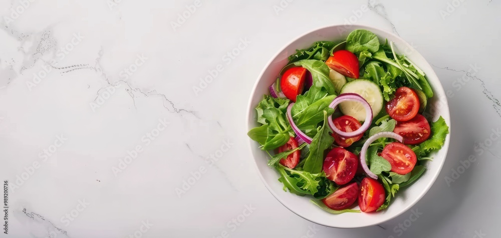 Fresh and vibrant salad with tomatoes, lettuce, and onions in a white bowl, perfect for healthy eating or meal prep. Fresh and vibrant salad with tomatoes, lettuce, and onions in a white bowl, perfect for healthy eating or meal prep.