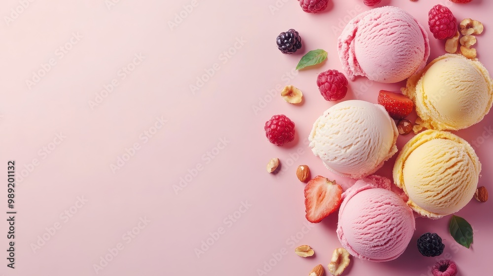 Colorful ice cream scoops with fruits and nuts on a pink background.