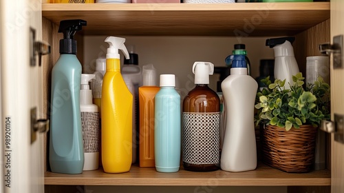 eco-friendly cleaning products neatly arranged in a cabinet, promoting cleanliness and environmental health