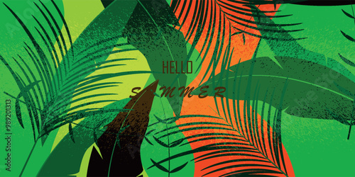 Summer horizontal background with bright abstract tropical leaves.