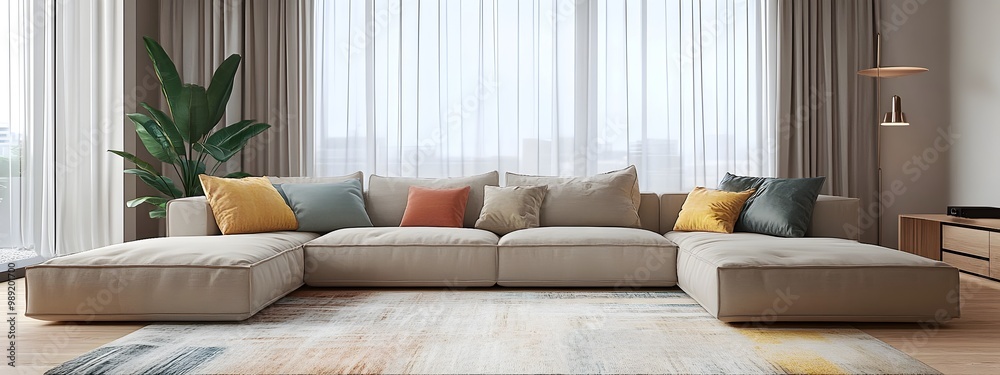 Cozy and Inviting Modern Living Room with a Large Comfortable Sectional Sofa Minimalist Stylish Decor and Pops of Vibrant Color from the Area Rug and Accent Pillows Cozy and Inviting Modern Living Room with a Large Comfortable Sectional Sofa Minimalist Stylish Decor and Pops of Vibrant Color from the Area Rug and Accent Pillows