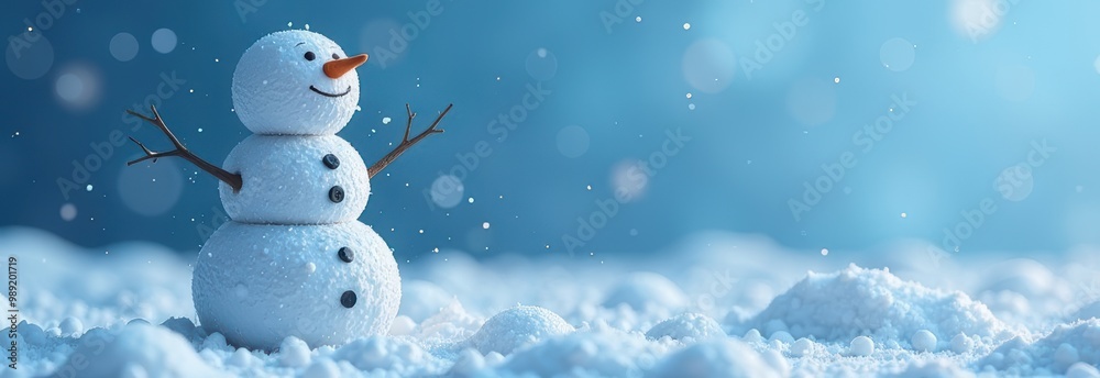 Fototapeta premium A Cheerful and Happy Snowman in a Beautiful Winter Wonderland, full of festive cheerfulness
