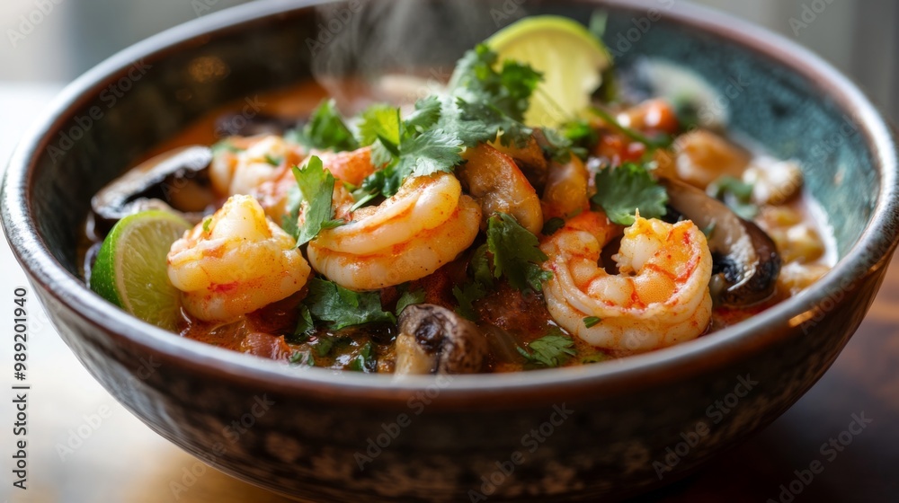 A vibrant bowl of steaming with fresh shrimp, mushrooms, and aromatic herbs, garnished with cilantro and lime wedges, inviting diners to enjoy a spicy delight A vibrant bowl of steaming with fresh shrimp, mushrooms, and aromatic herbs, garnished with cilantro and lime wedges, inviting diners to enjoy a spicy delight