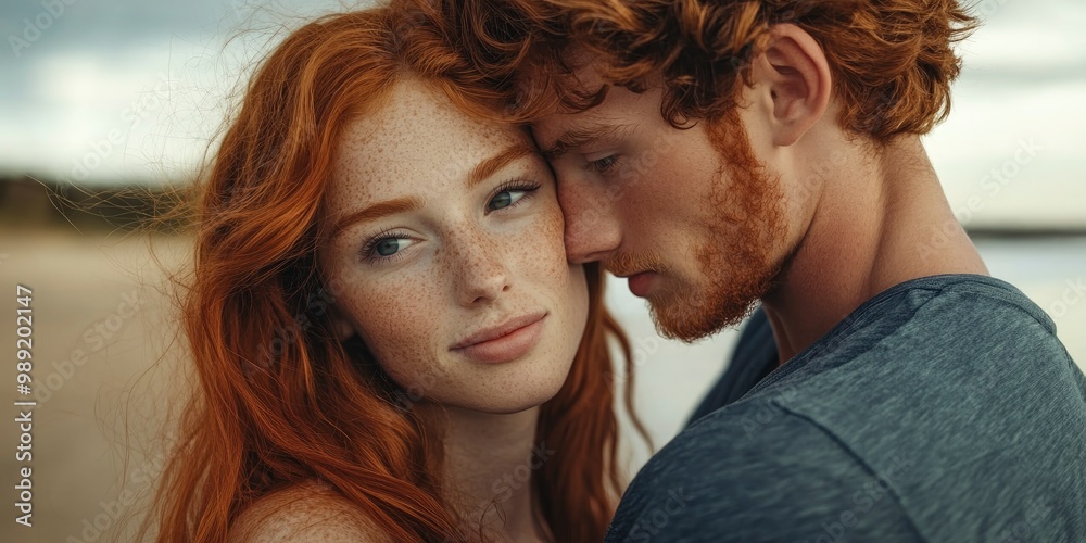 Close up portrait of redhead man and woman model couple on the beach feeling lovely Close up portrait of redhead man and woman model couple on the beach feeling lovely