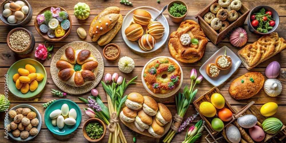 Top view of a festive Easter table with a variety of breads, desserts, and treats on a rustic wood background