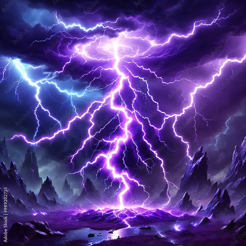 Dramatic lightning storm over a mystical landscape. Dramatic lightning storm over a mystical landscape.