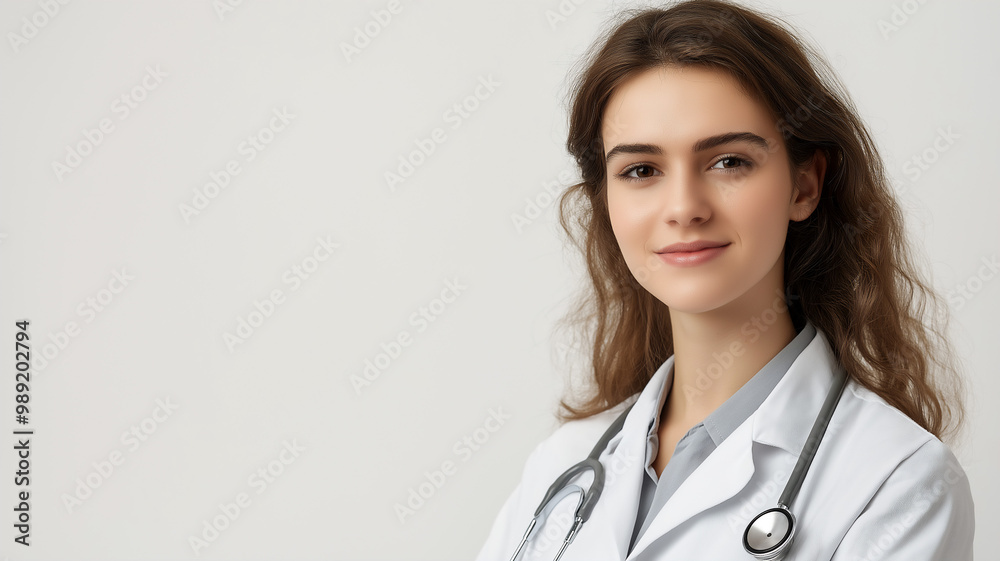 Portrait of confident young woman medical doctor on white background and copyspace Portrait of confident young woman medical doctor on white background and copyspace