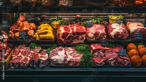 A vibrant butcher shop display featuring a variety of fresh cuts of meat, showcasing the rich colors and textures that highlight quality and freshness. photo