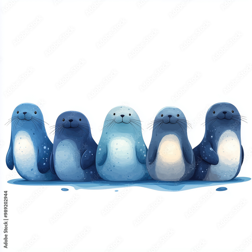 Ilustración quintillizos morsas bebés en el hielo, azules, vista frontal, aisladas, fondo blanco, impresión textil, invitación Animales salvajes gran cuidado y protección círculo polar ártico Ilustración quintillizos morsas bebés en el hielo, azules, vista frontal, aisladas, fondo blanco, impresión textil, invitación Animales salvajes gran cuidado y protección círculo polar ártico