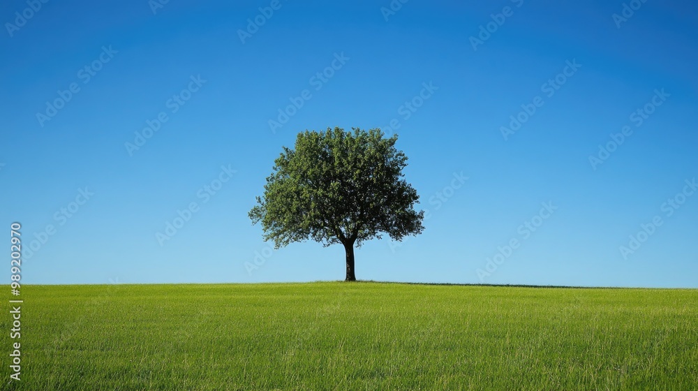 Obraz premium large tree standing alone in an open field, surrounded by green grass, with a clear blue sky above