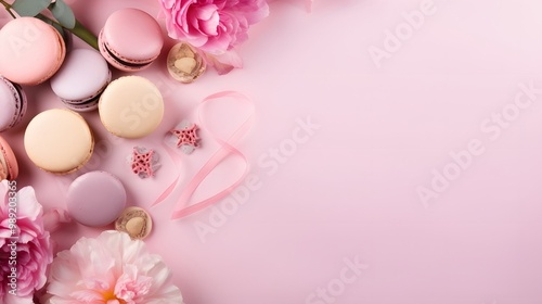 Pink Background with Macarons, Roses & Ribbons