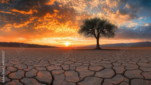 lone tree standing in a vast desert, with dry, cracked ground stretching out in all directions and a dramatic sky overhead photo