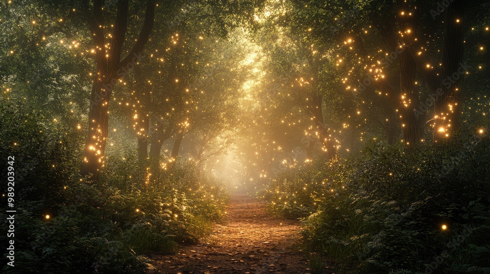 Naklejka premium A magical forest where the trees' leaves glow softly, lighting up the path through the dense underbrush with a calming, ethereal light.