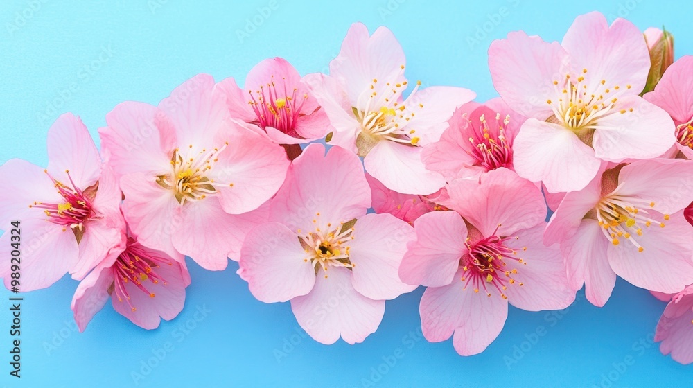 Delicate pink cherry blossoms on vibrant blue background Delicate pink cherry blossoms on vibrant blue background