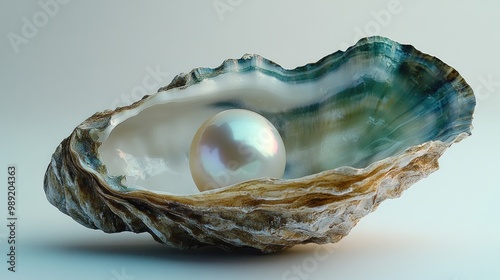 A single, iridescent pearl rests inside a half-opened oyster shell.