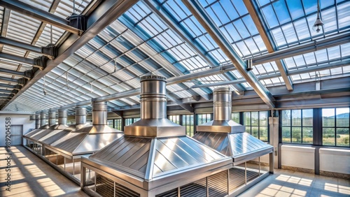 Modern steel roof with roof windows and chimney featuring innovative fume hoods technology and natural light transmission through tubular light guides