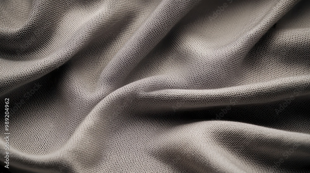 A piece of fabric with a pattern that is mostly gray. The fabric is folded and has a wavy texture A piece of fabric with a pattern that is mostly gray. The fabric is folded and has a wavy texture