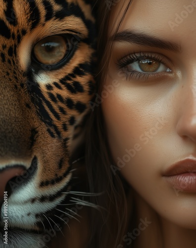 Close-up of a woman and a jaguar side by side, highlighting intense eyes and natural connection in portrait

