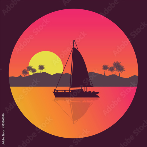 Colorful icon with silhouette of a yacht in the sea, coast with palm trees and sunset on the horizon. Vector