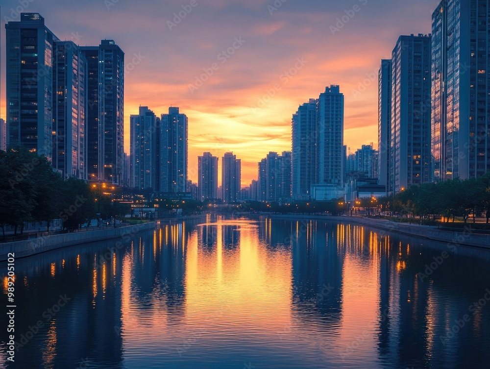 Fototapeta premium modern high-rise buildings reflected in a calm river at sunset, creating a serene urban landscape