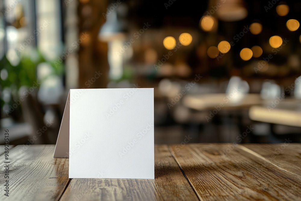 Blank tabletop sign on wooden table in cafe setting. Blank tabletop sign on wooden table in cafe setting.