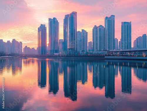 modern high-rise buildings reflected in a calm river at sunset, creating a serene urban landscape