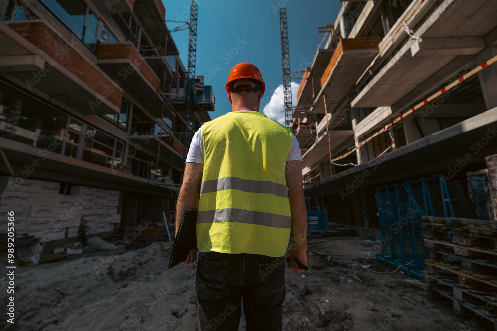 Cadastre and land registration engineers in a construction site. Topographic industry and cadastre concept photo. Man engineer photographed from behind.