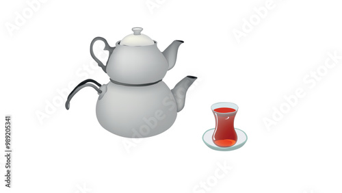 metallic teapot and Black tea in glass tea cup vetor illustration. Turkish authentic traditional black tea in a classic turkish glass and kettle. tea set.