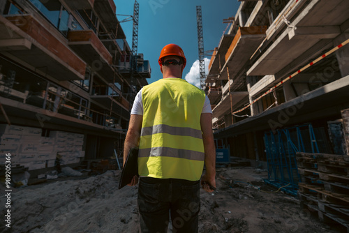 Cadastre and land registration engineers in a construction site. Topographic industry and cadastre concept photo. Man engineer photographed from behind.