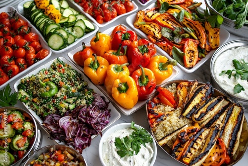 Wallpaper Mural A fresh vegetarian buffet featuring grilled vegetables, stuffed peppers, quinoa salads, and an assortment of dips, beautifully arranged on a bright, rustic table Torontodigital.ca
