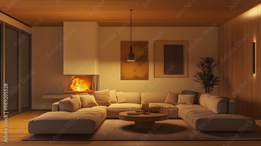 Fototapeta premium Cozy and inviting modern living room with a large comfortable sectional sofa and minimalist stylish decor The warm hues and natural materials infuse the space with a sense of warmth and coziness