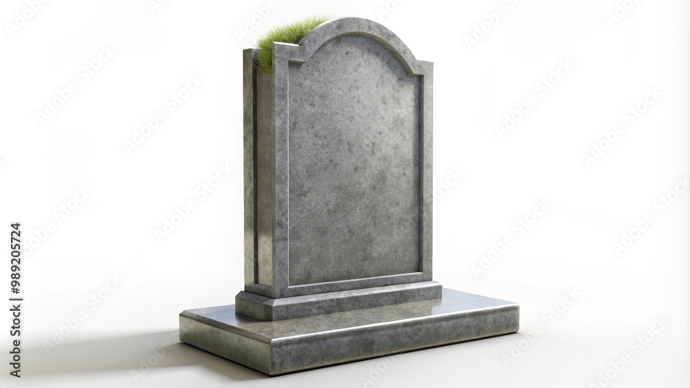 Weathered blank tombstone standing on white background with grass growing around the base Weathered blank tombstone standing on white background with grass growing around the base