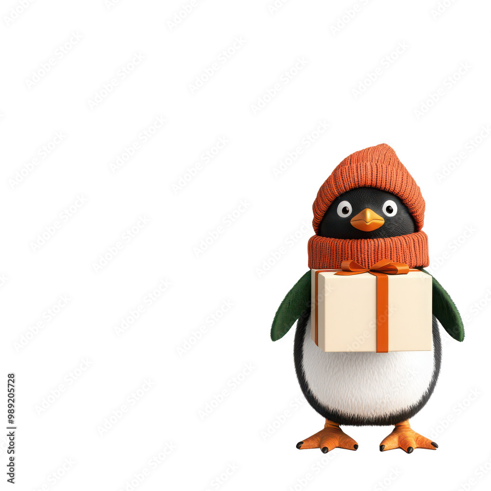 Fototapeta premium Cute penguin in a cozy hat holding a gift box, perfect for holiday or winter-themed projects.