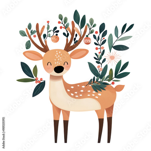 Whimsical cartoon deer adorned with colorful leaves and flowers, perfect for children's design projects and nature themes. photo