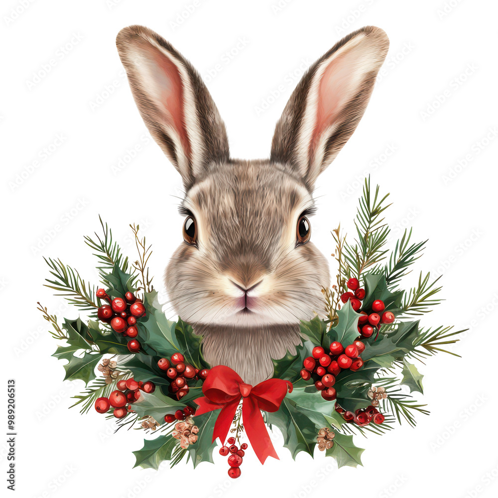 Obraz premium A charming rabbit adorned with festive greenery and red berries, perfect for holiday-themed designs.